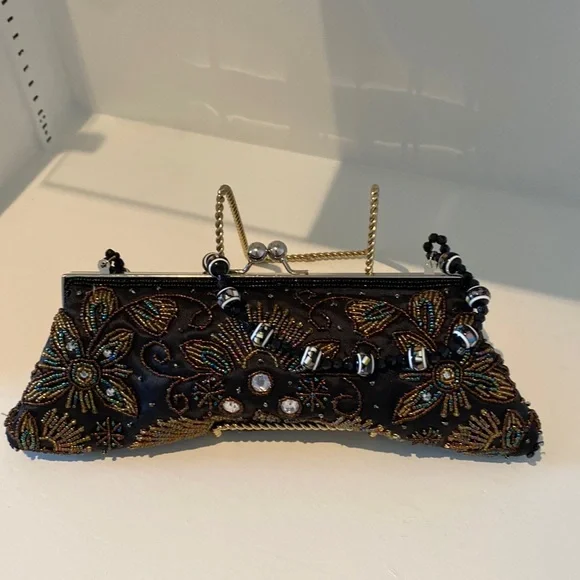 Artistically beaded & sequin clutch purse black evening bag - Picture 1 of 5
